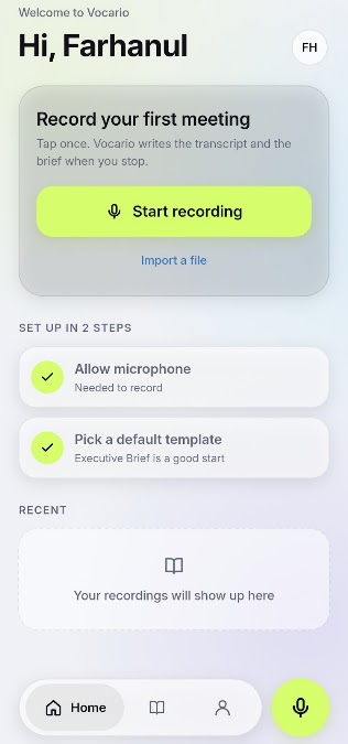 Vocario home screen with a Start recording button