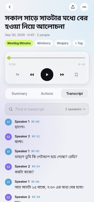 Vocario transcript in Bangla with speaker labels and timestamps